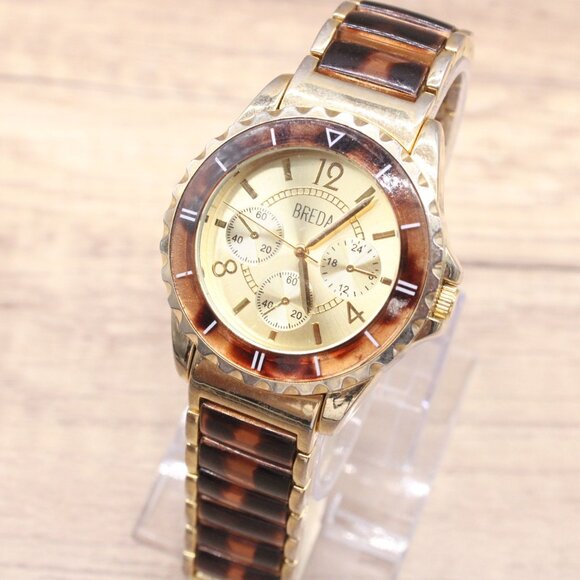 BREDA Chronograph Watch Womens Gold Tone Classic Stainless Steel Leopard Band - Picture 3 of 9